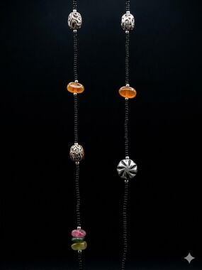 Silver and Amber Bead Drop Necklace - Multi Gem Stones Women's Jewelry
